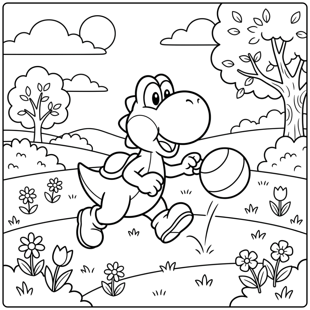 Fun Yoshi and His Bouncing Ball Adventure coloring page