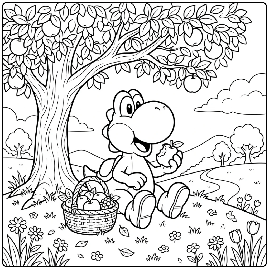 Fun Yoshi Feasting on Fruit Under a Tree coloring page