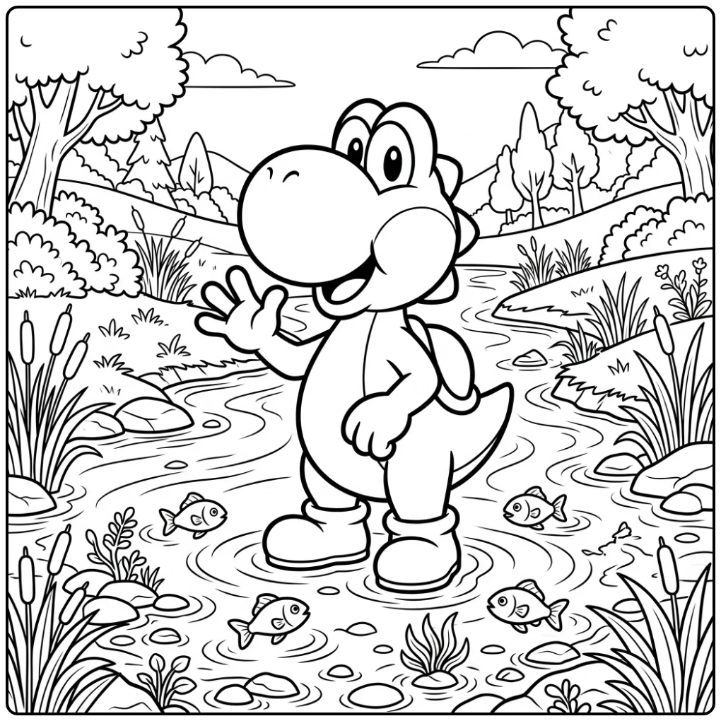 Fun Yoshi Standing in a Shallow River coloring page