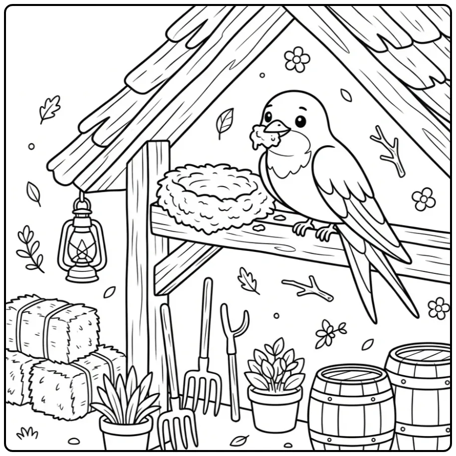 Fun Swallow with Mud and Nest coloring page