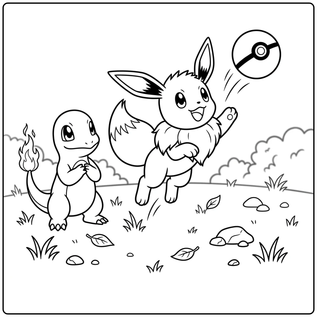 Lively Jumping Eevee and Charmander coloring page
