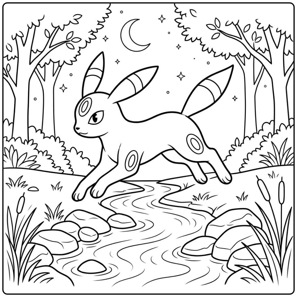 Lively Umbreon Jumping Elegant in the Night coloring page