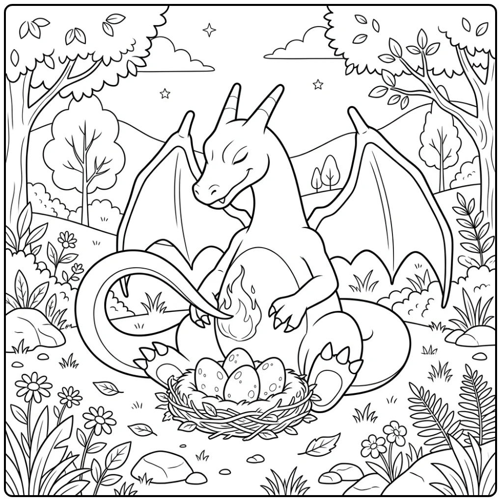 Sweet Charizard Warming Eggs in a Peaceful Setting coloring page