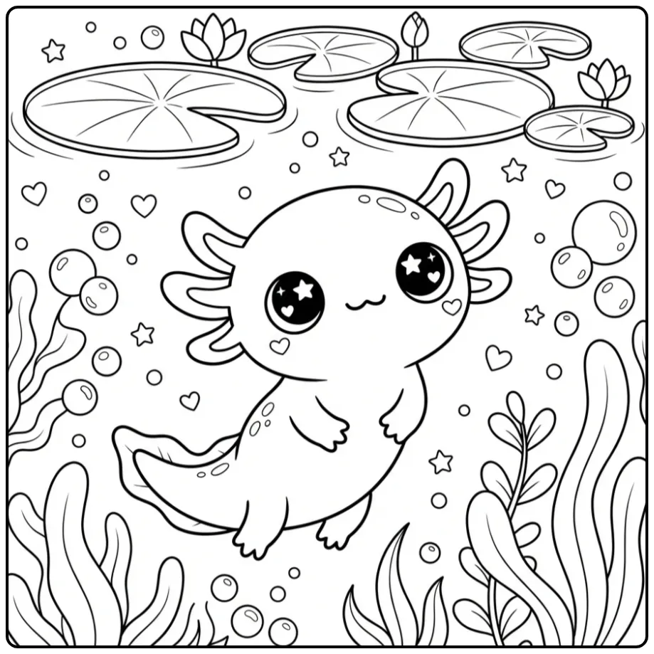 Sweet Kawaii Axolotl Among the Lilies coloring page