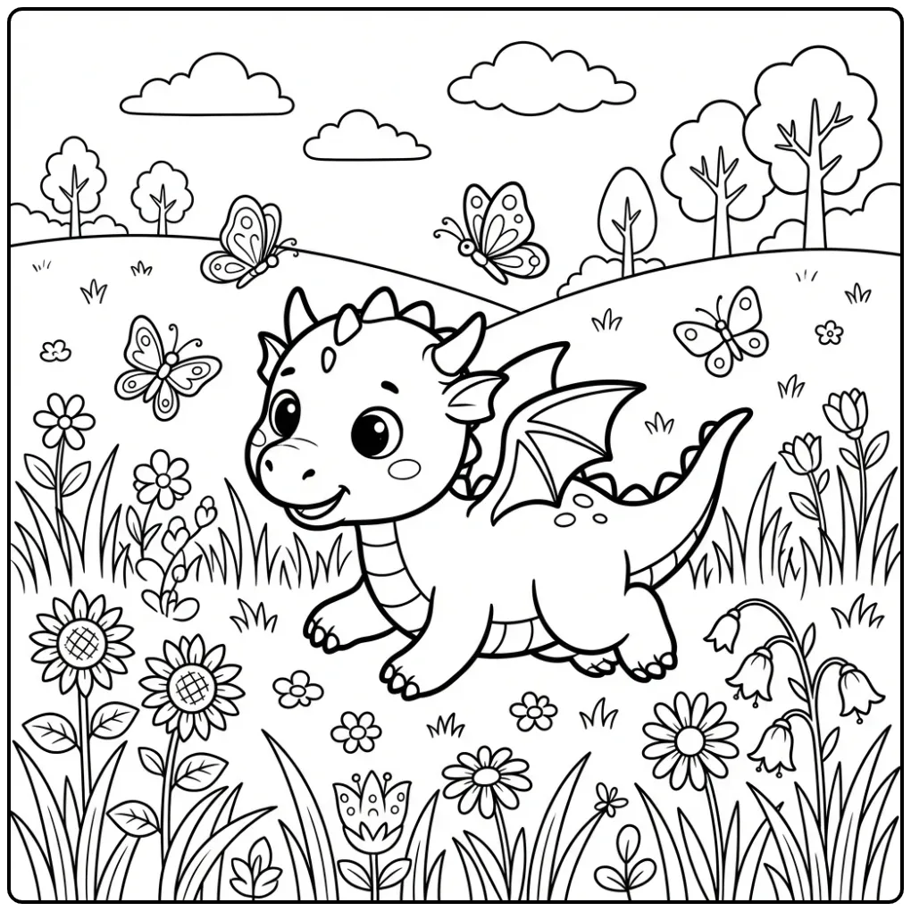 Sweet Dragon Baby Among the Wild Flowers coloring page