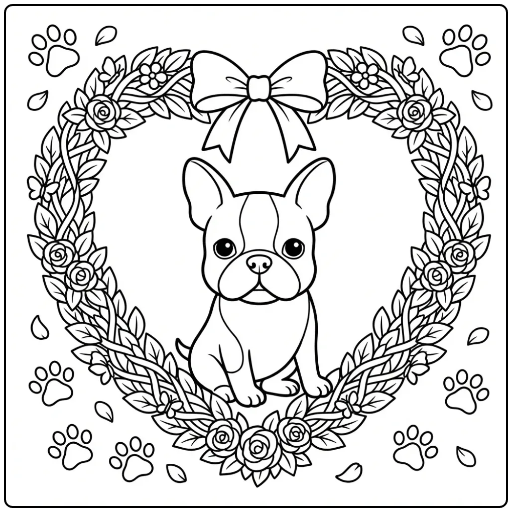 Sweet Puppy with Heart and Roses coloring page