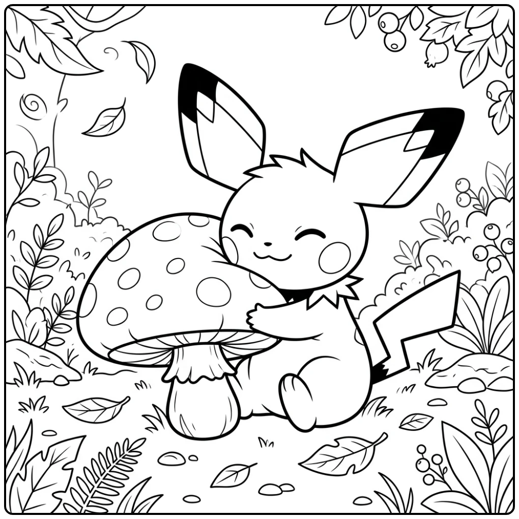 Sweet Pichu with a Soft Mushroom coloring page