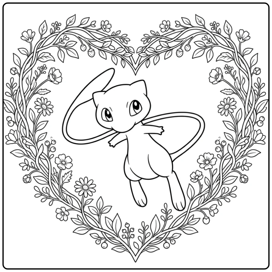 Sweet Mew in a Heart-shaped Flower Crown coloring page
