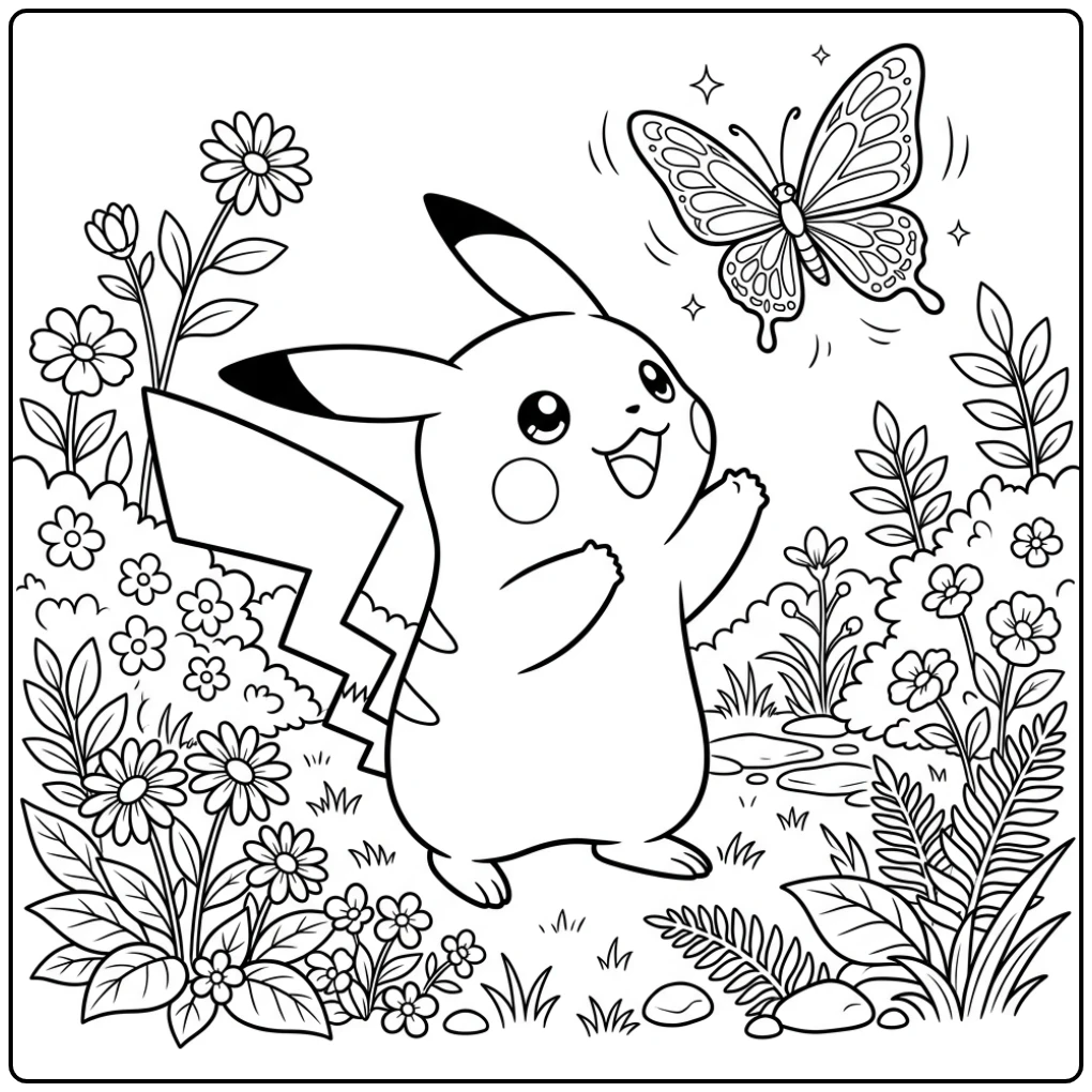 Sweet Pikachu with a Butterfly in the Garden coloring page