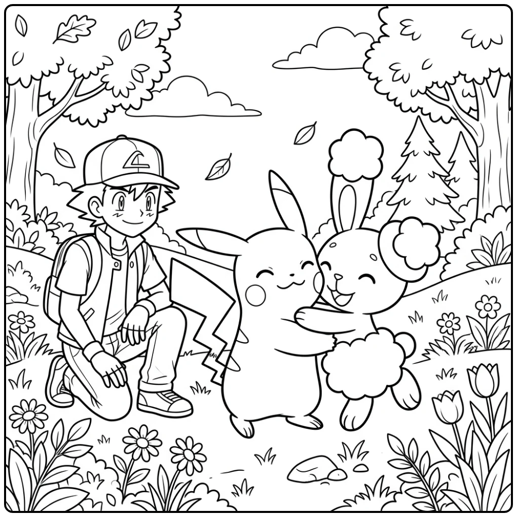 Sweet Pikachu and Buneary Playing coloring page