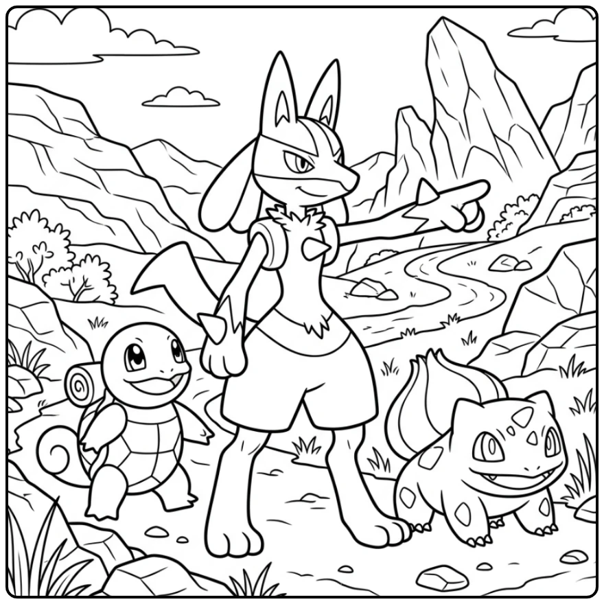 Lucario the Brave Leader with Squirtle Bulbasaur coloring page