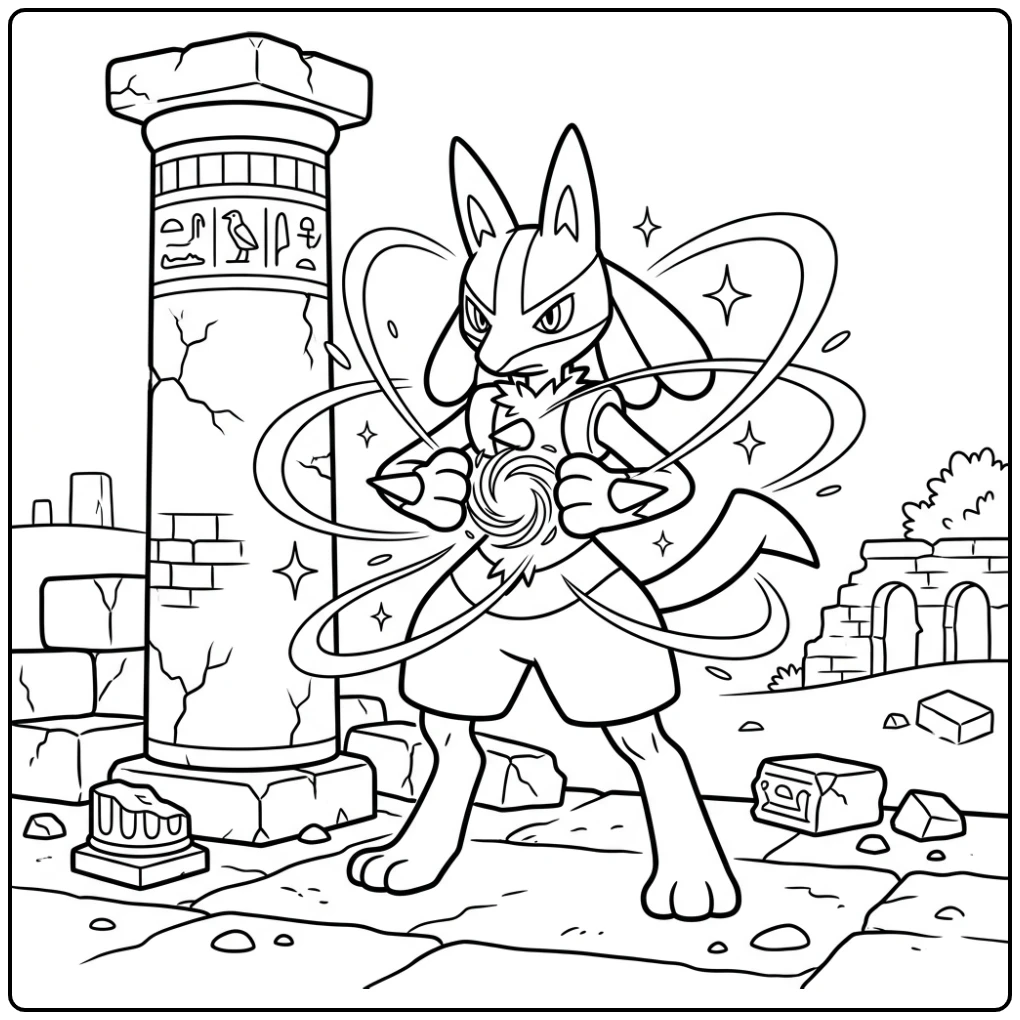 Lucario Powerful Aura with Ancient Pillars coloring page
