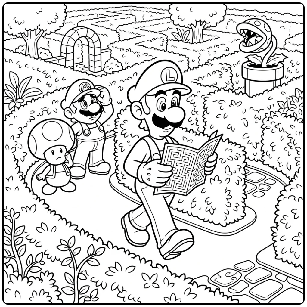 Luigi Maze Adventure with Friends coloring page