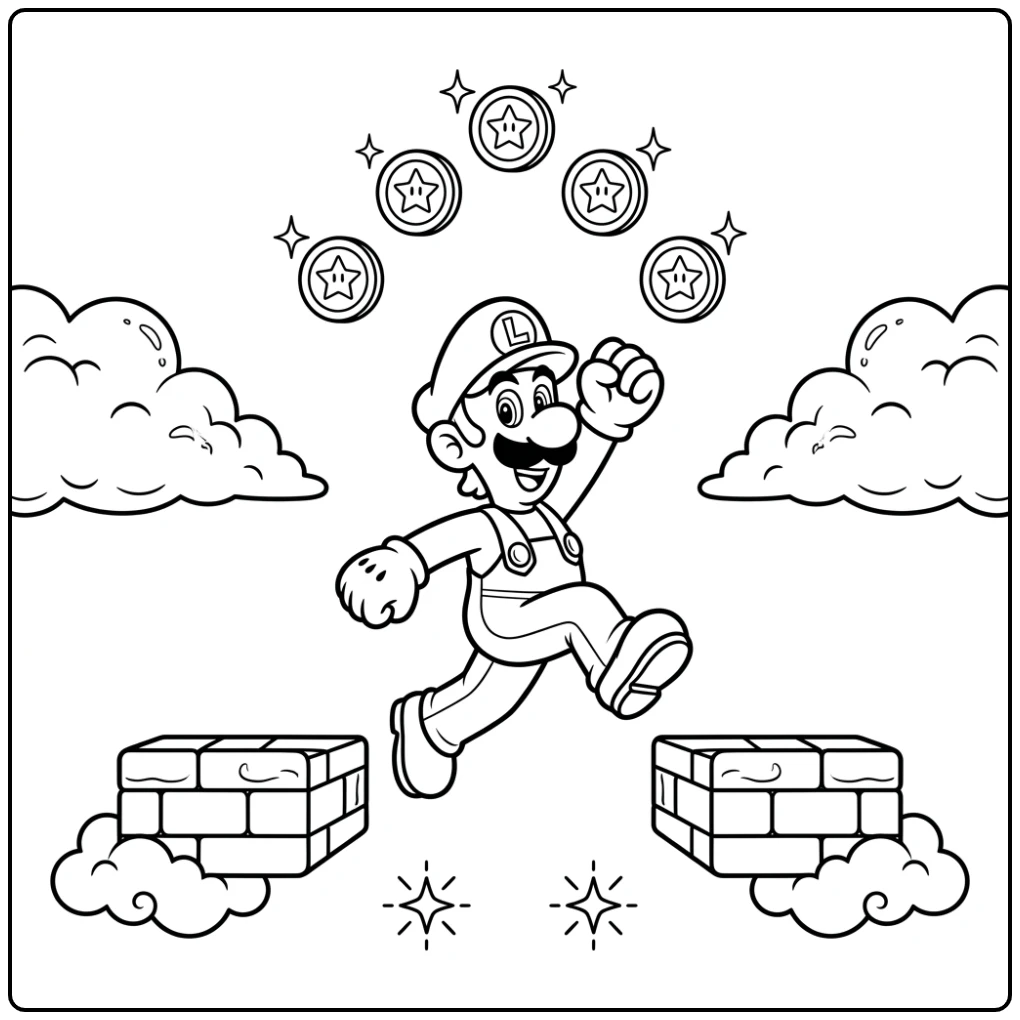 Jumping Luigi with Coins and Clouds coloring page