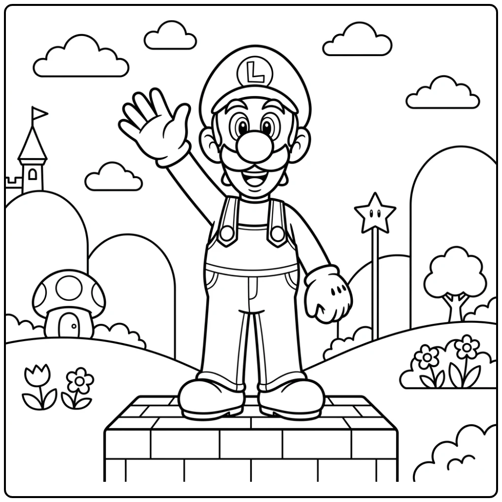 Cheerful Luigi on a Platform with Hills coloring page