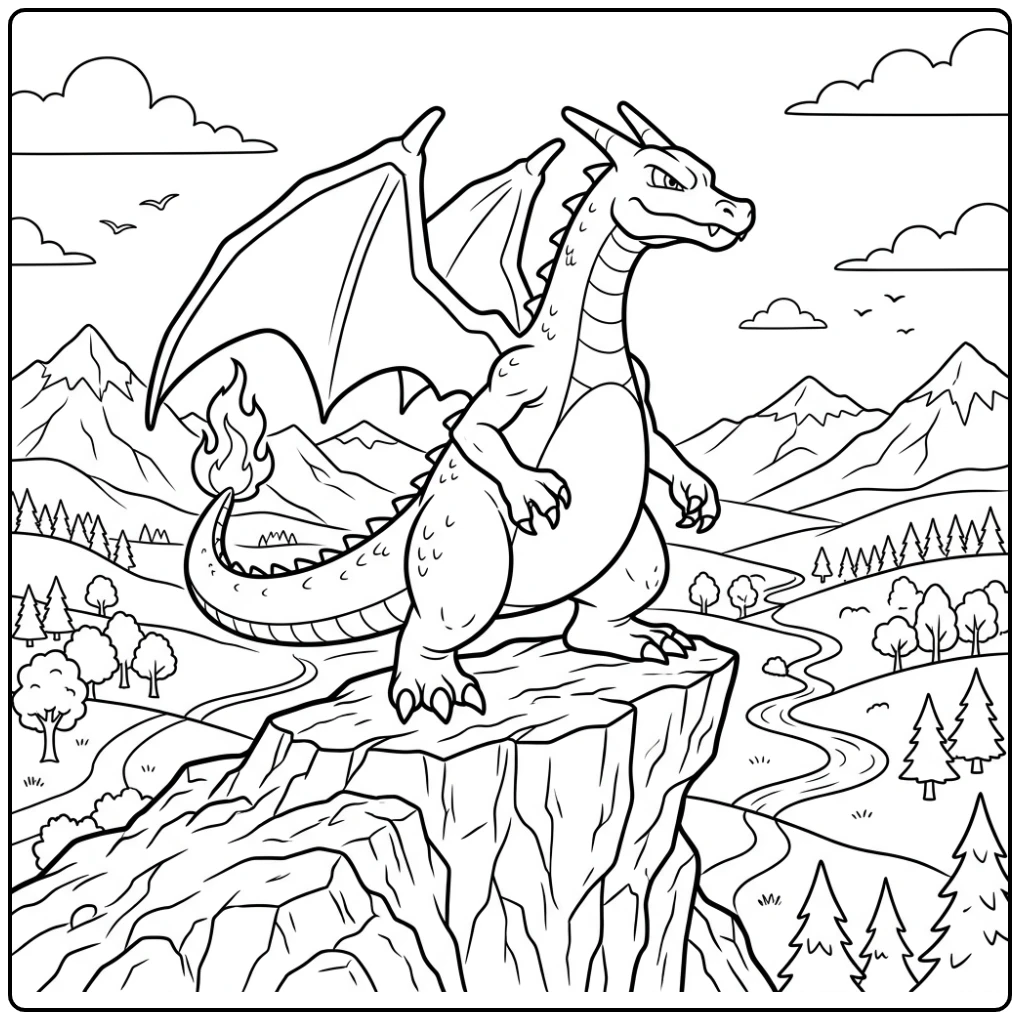 Mighty Charizard Looking Over a Peaceful Valley coloring page
