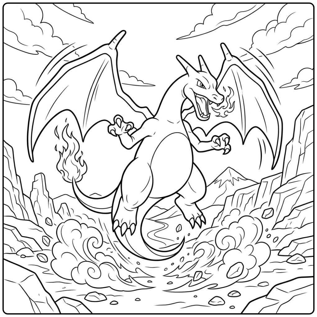 Mighty Charizard Flying and Kicking Up Dust coloring page