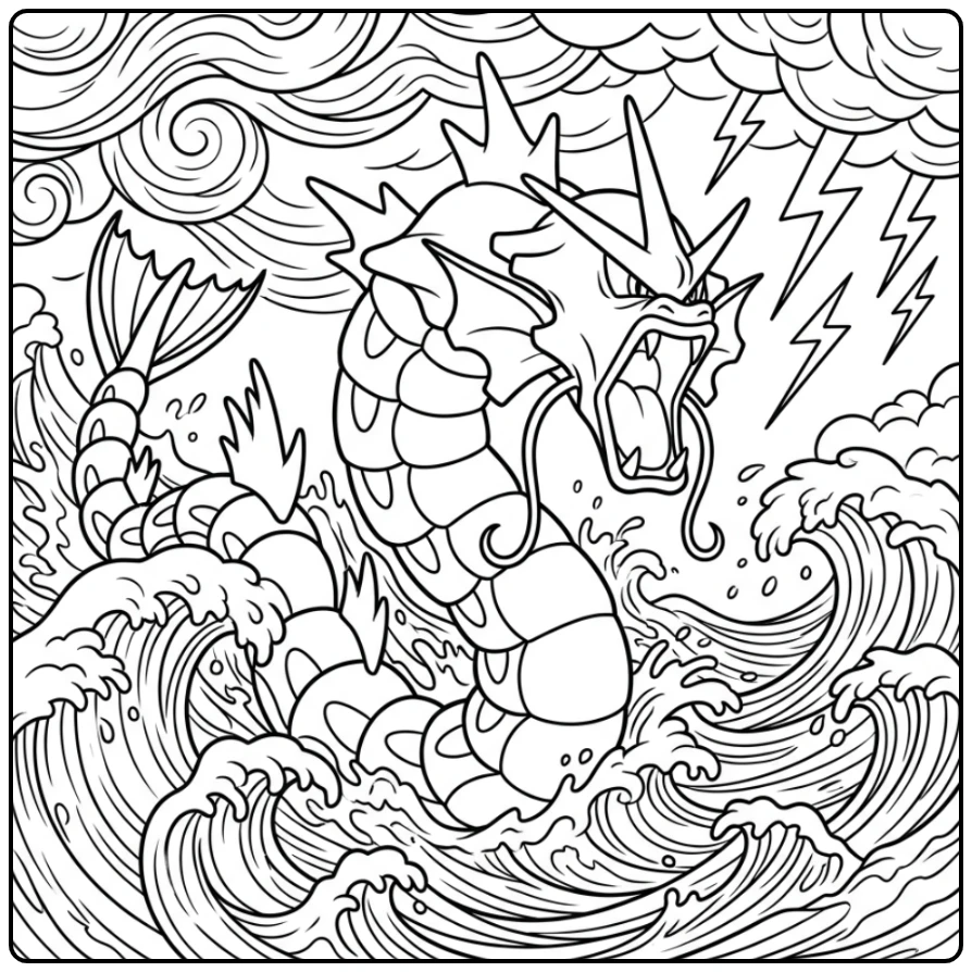Mighty Gyarados Roaring in the Stormy Sea coloring page