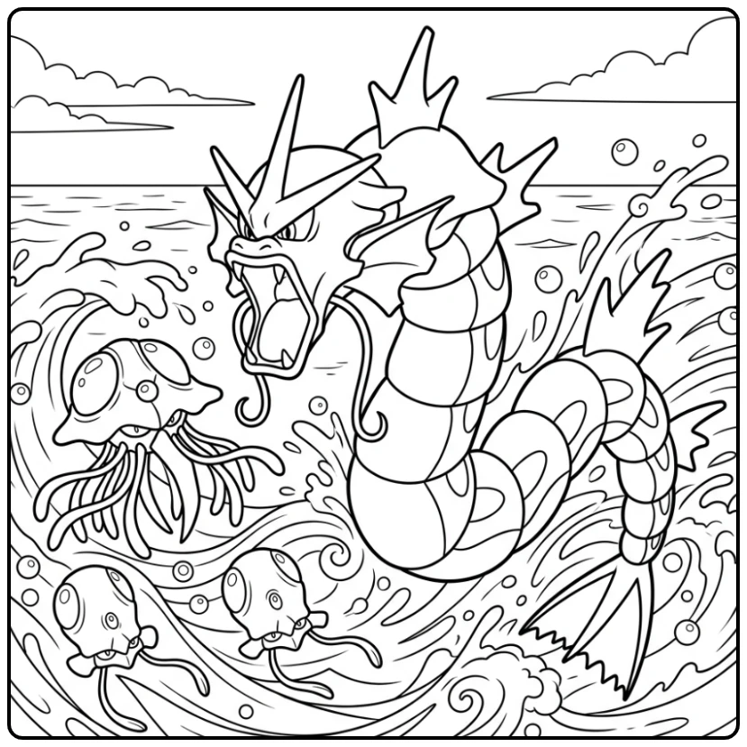 Mighty Gyarados Swimming Among Sea Creatures coloring page