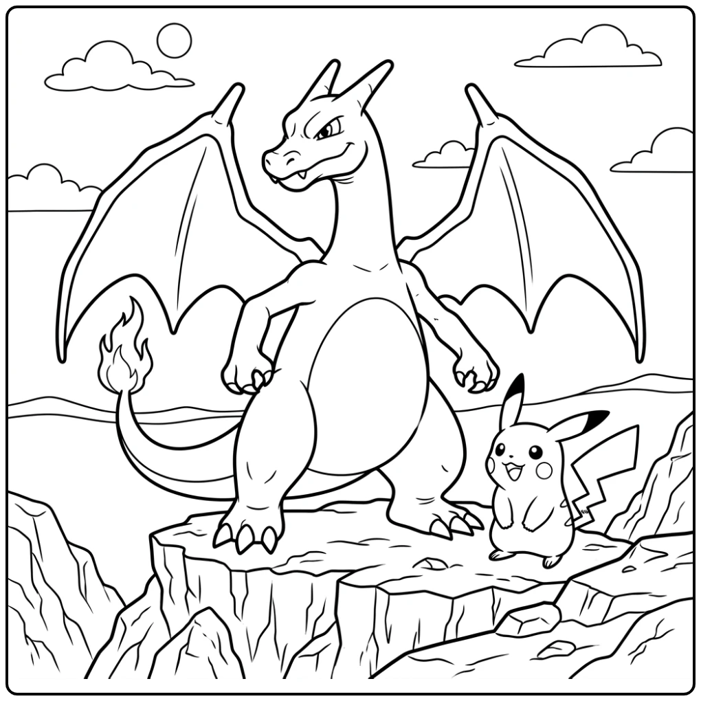 Mighty Pokemon Charizard X with Loyal Pikachu coloring page
