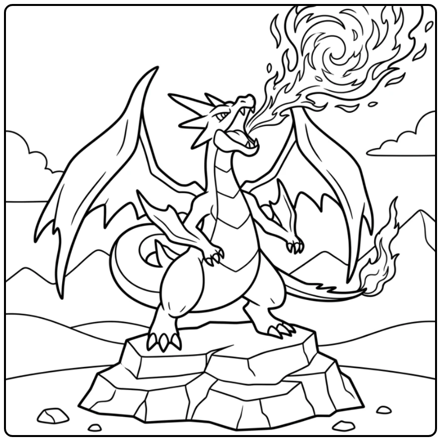Mighty Pokemon Mega Charizard Y Showing Power in the Sky coloring page