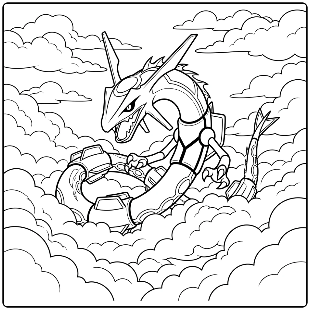 Mighty Rayquaza Rising from the Clouds coloring page