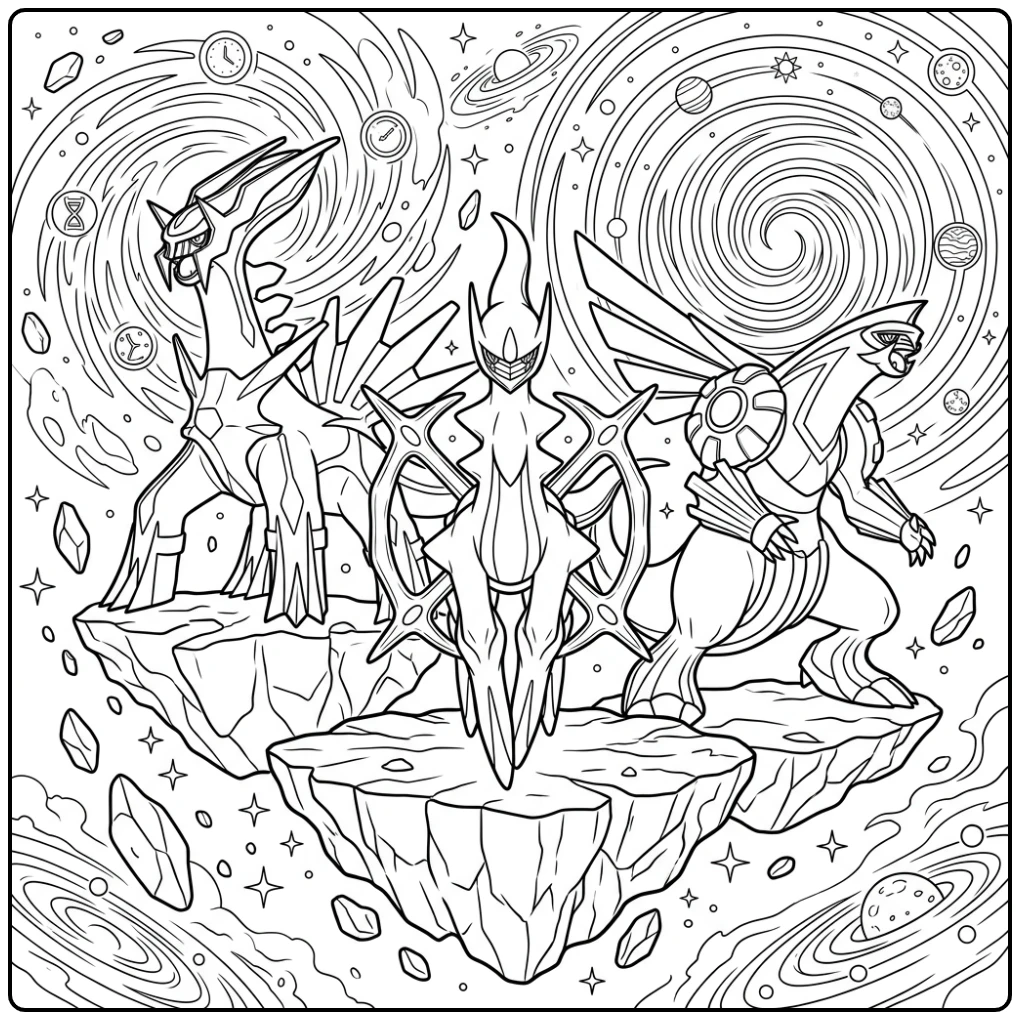 Detailed Pokemon Mightiest Trio with Arceus and Dialga coloring page