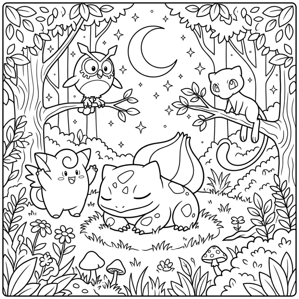 Magical Bulbasaur in the Forest at Night coloring page