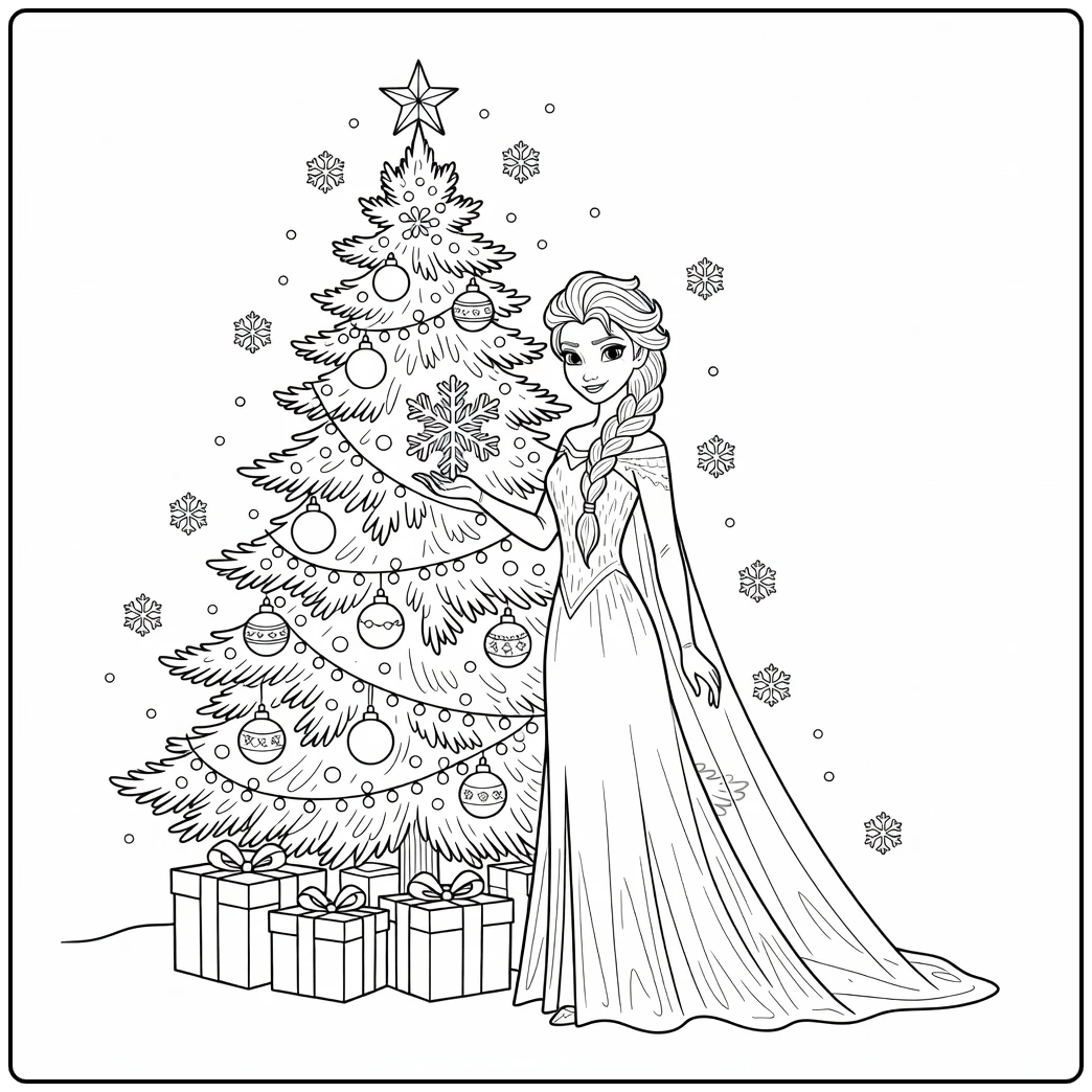 Magical Elsa Christmas Snowflake and Gifts coloring page