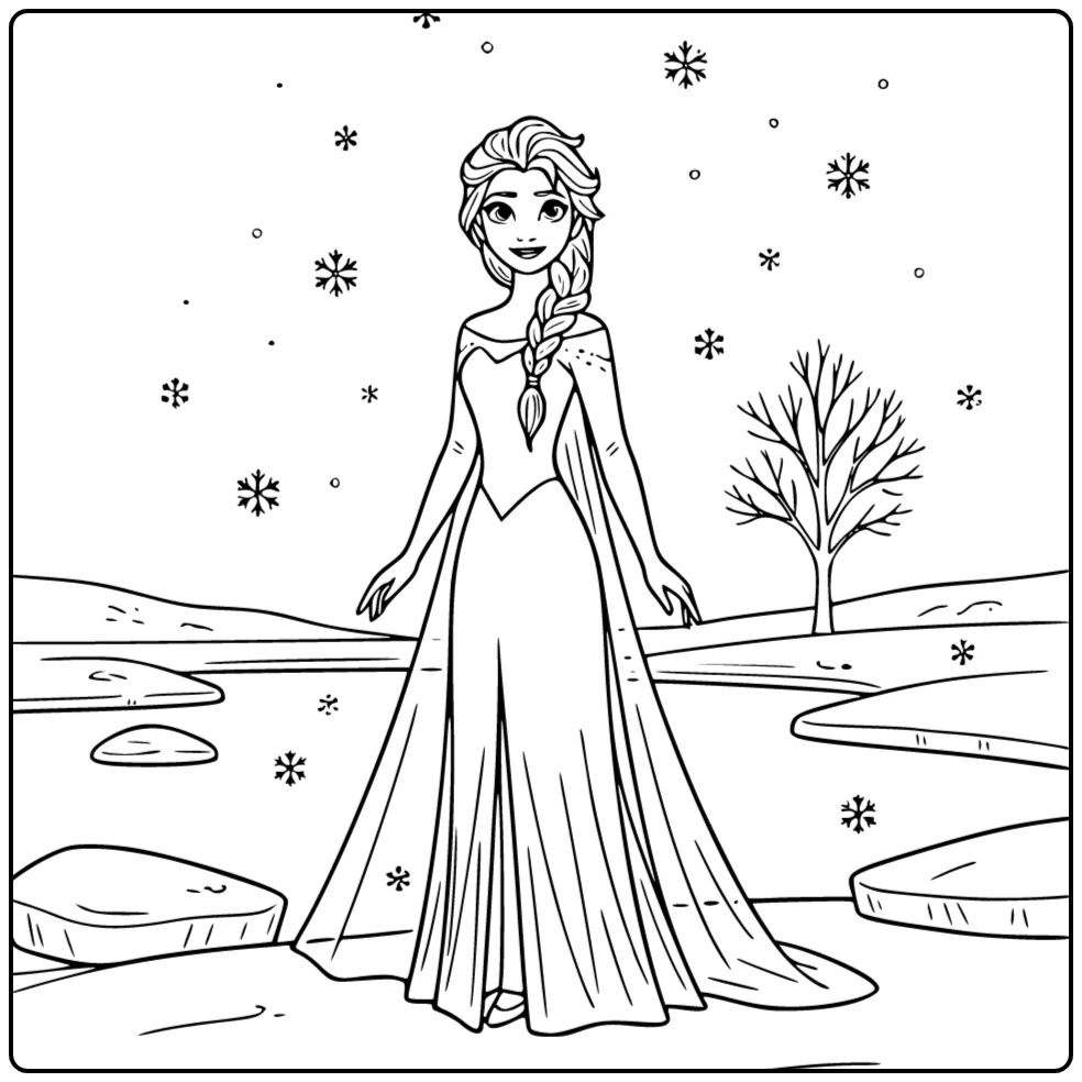 Magical Elsa by a Quiet Frozen Lake coloring page
