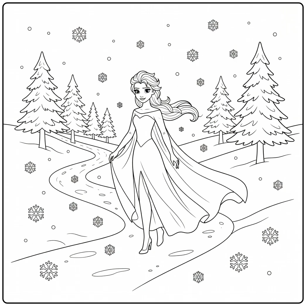 Magical Elsa on a Quiet Snow Palace Path coloring page