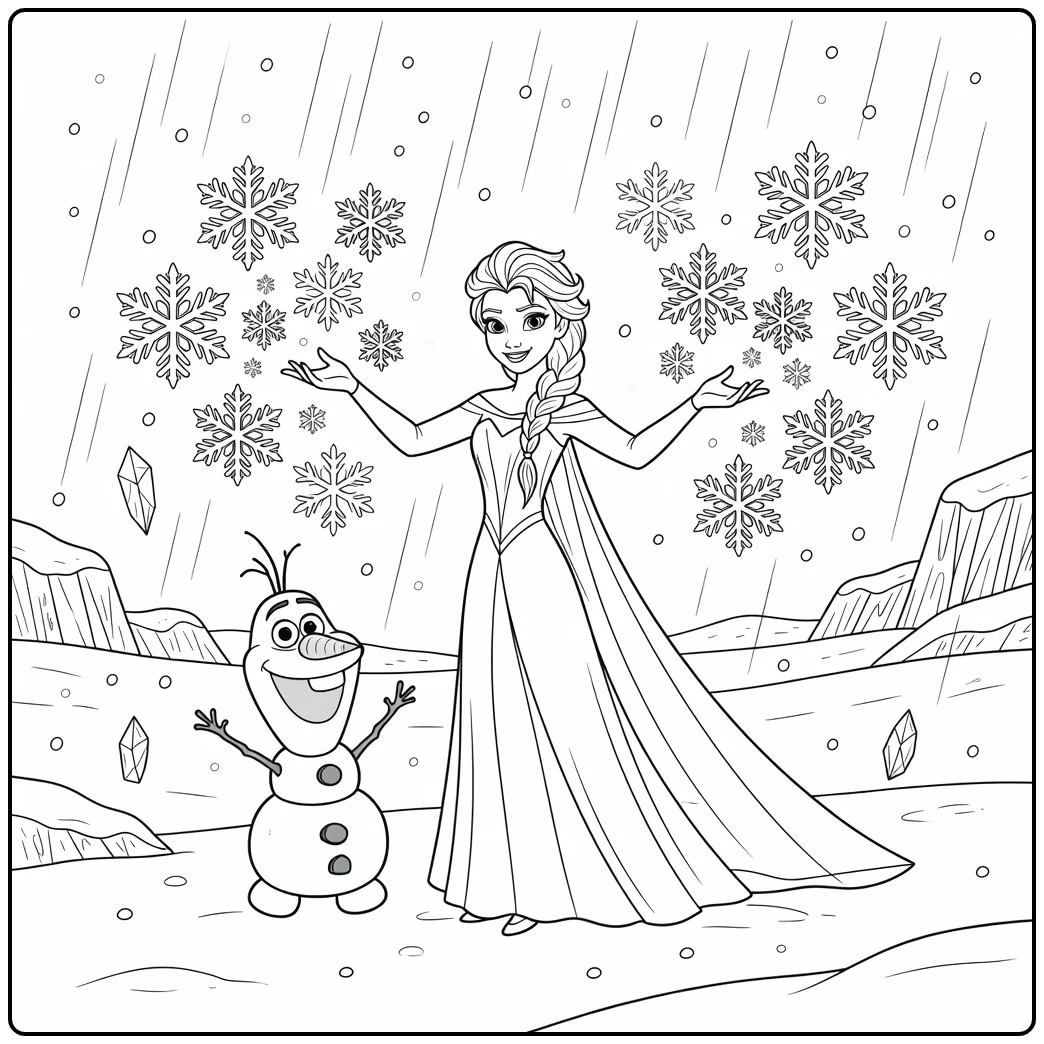 Magical Frozen Elsa and Snowman Olaf coloring page