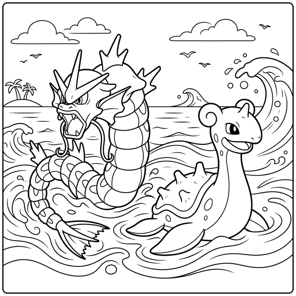 Magical Gyarados Lapras and Waves Friendship coloring page