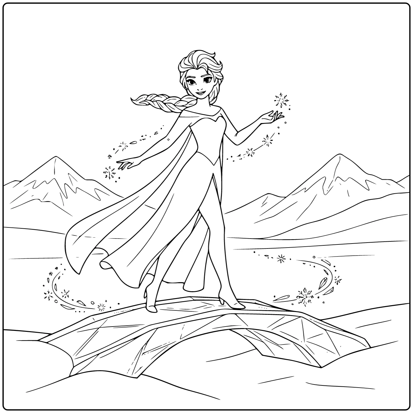 Elsa coloring page with an elegant Frozen winter scene