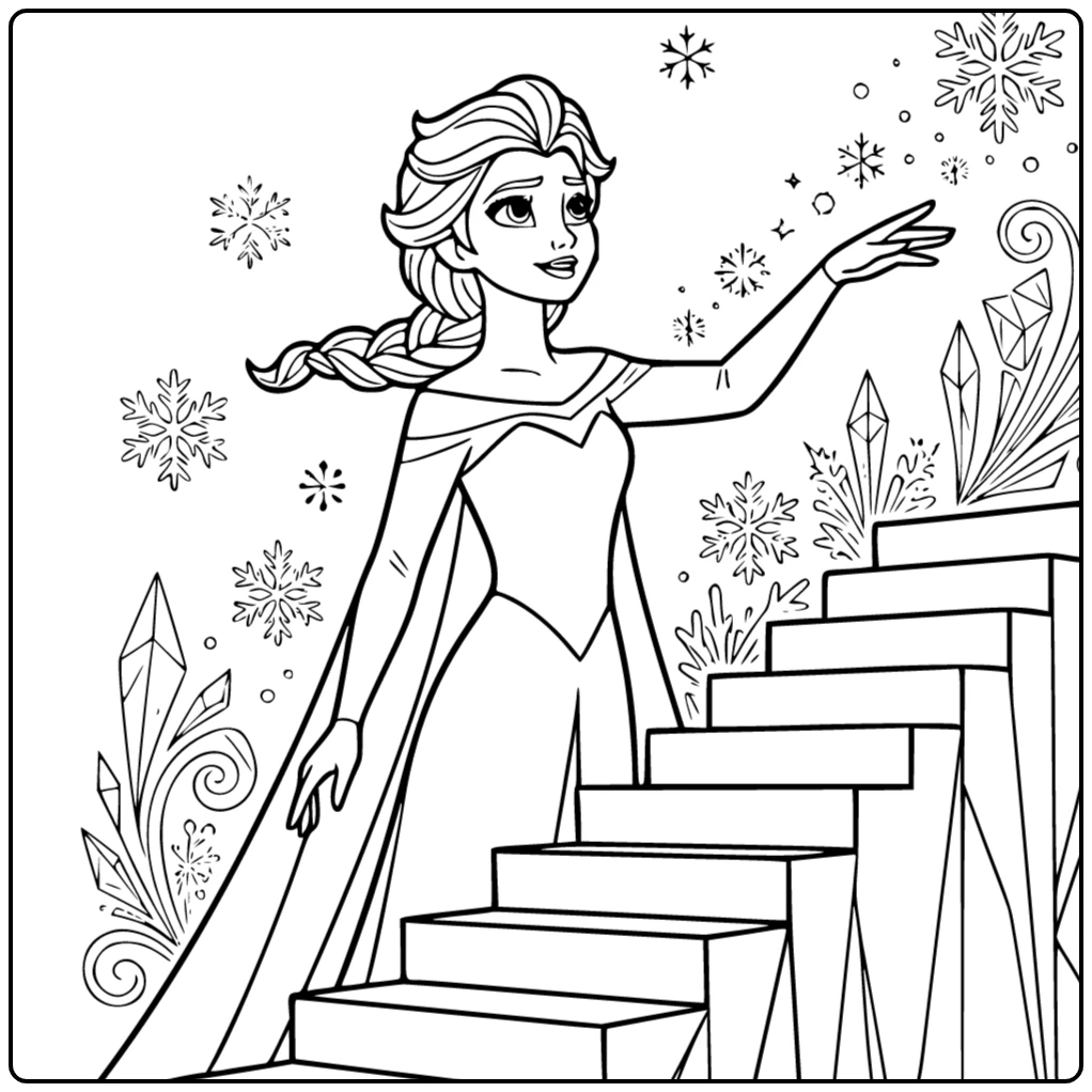 Magical Ice Staircase and Elsa for Children coloring page