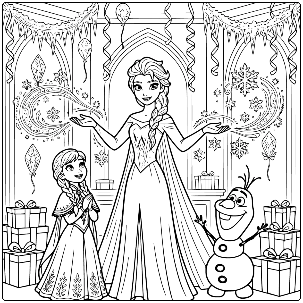 Magical Frozen Birthday with Ice Decorations coloring page