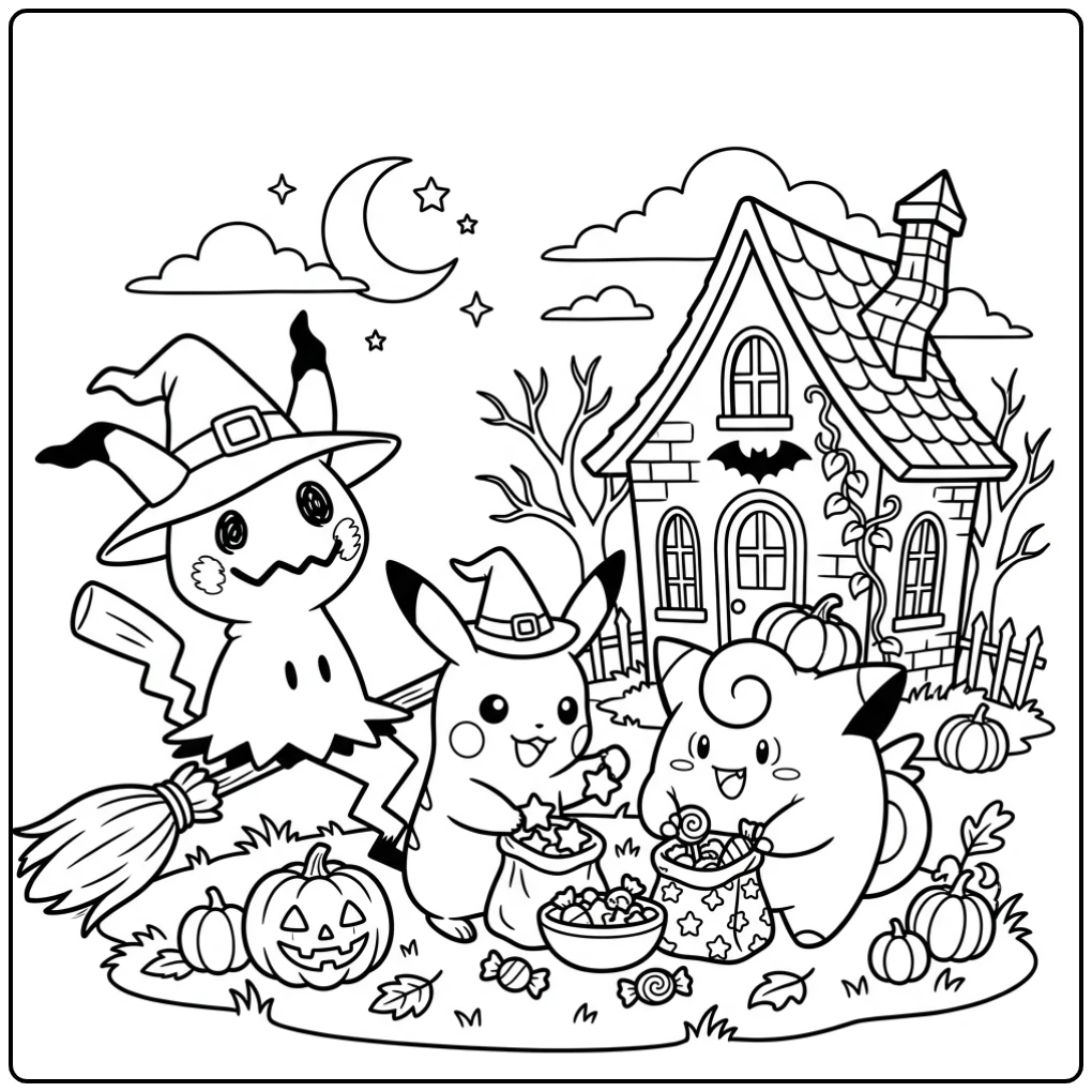 Magical Halloween Pokemon with Mimikyu and Friends coloring page