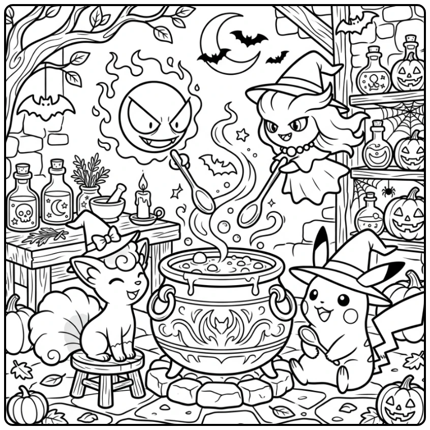 Magical Halloween Pokemon with Vulpix and Pikachu coloring page