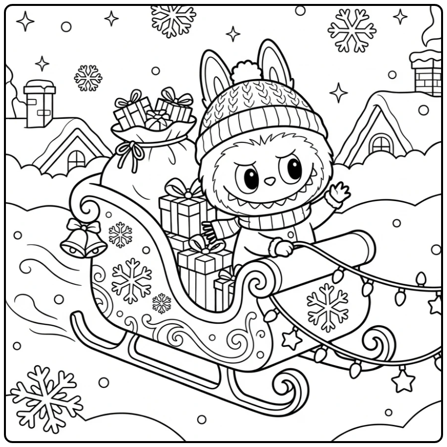 Magical Labubu Christmas with Sleigh and Gifts coloring page