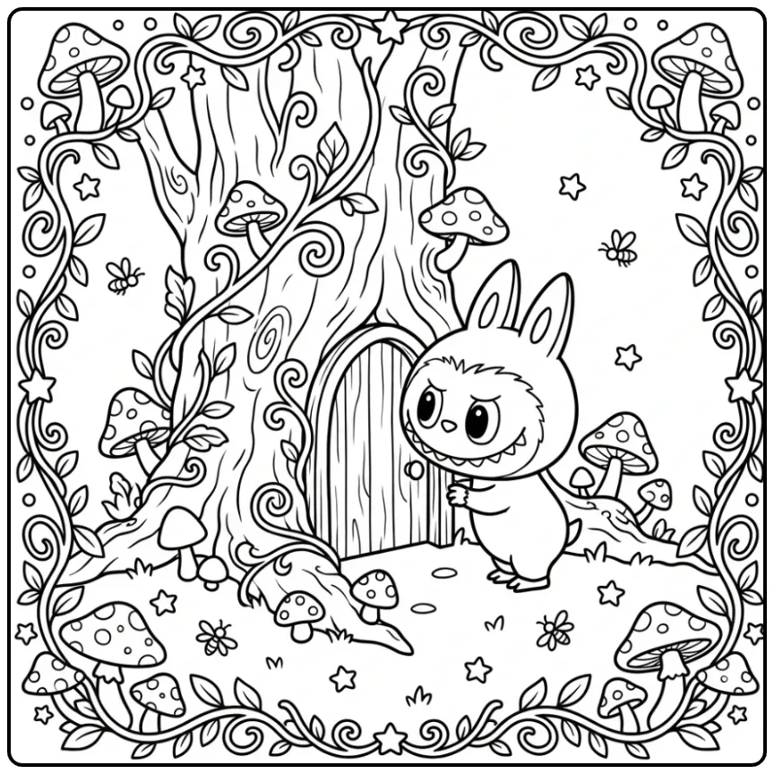 Magical Labubu Secret in the Enchanted Forest coloring page