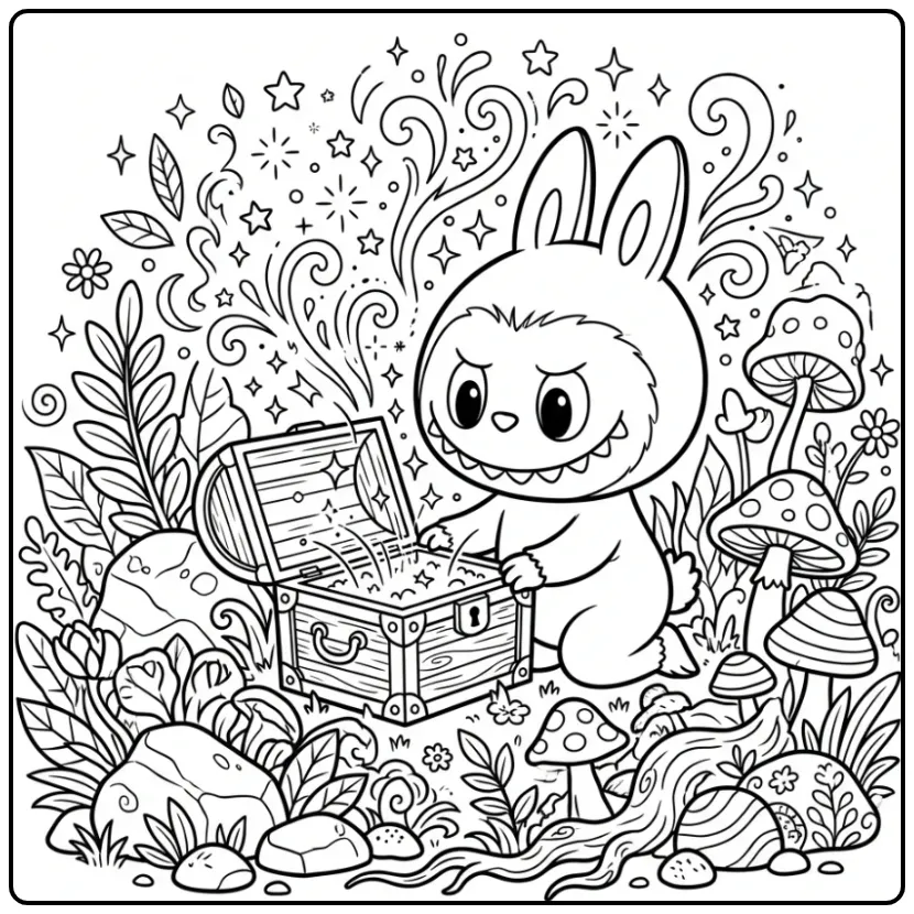Magical Labubu Secret with a Treasure Chest coloring page