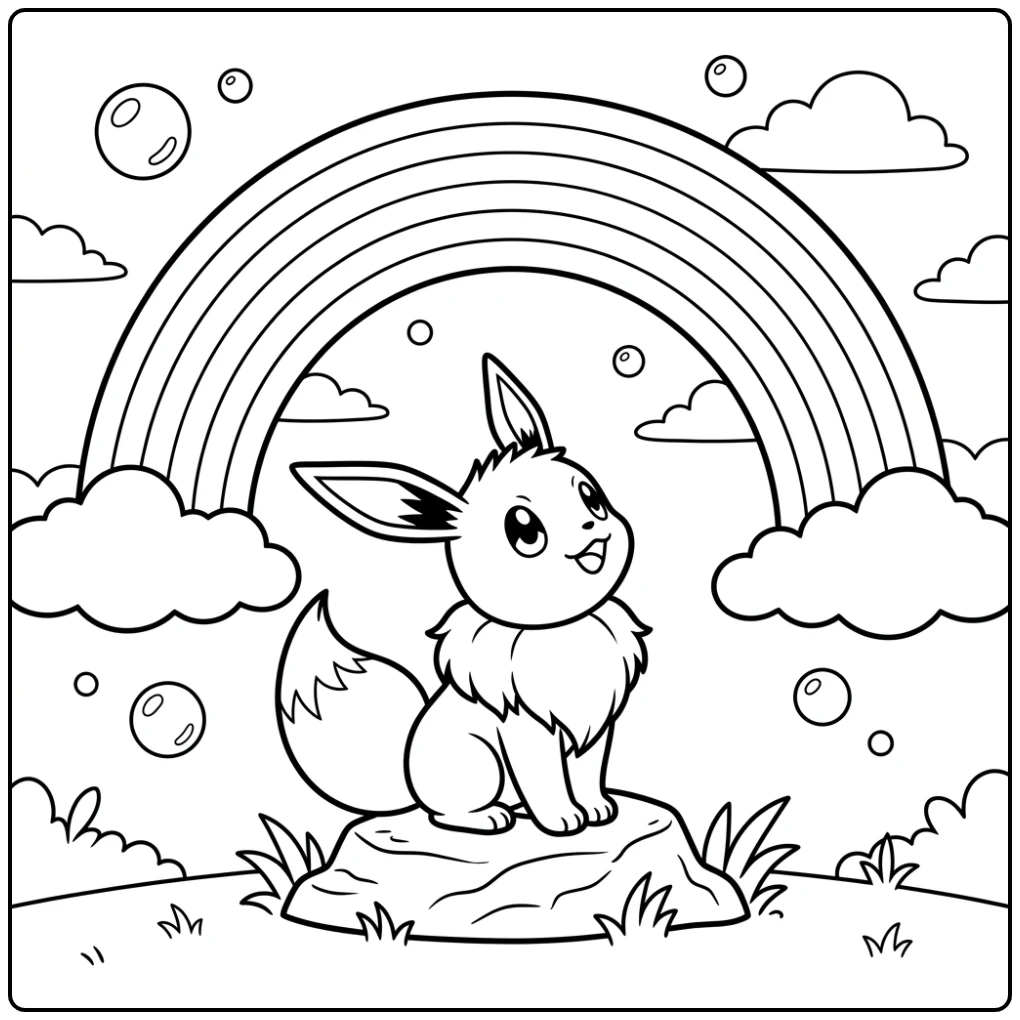 Magical Pokemon Rainbow with Eevee and Bubbles coloring page
