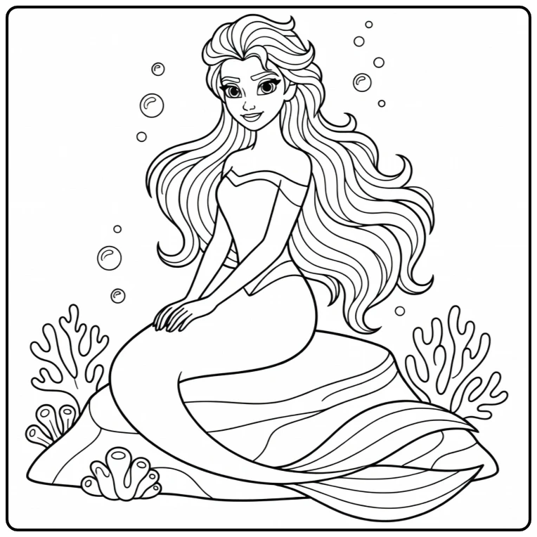 Magical Mermaid Elsa with Long Flowing Hair coloring page
