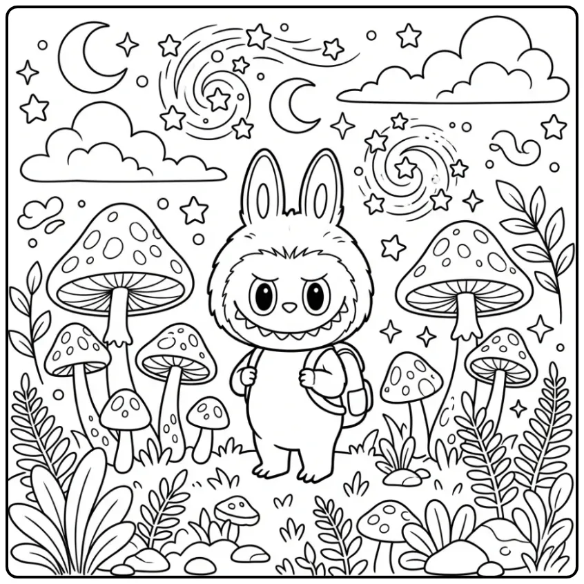 Magical Labubu in a Forest with Clouds and Plants coloring page