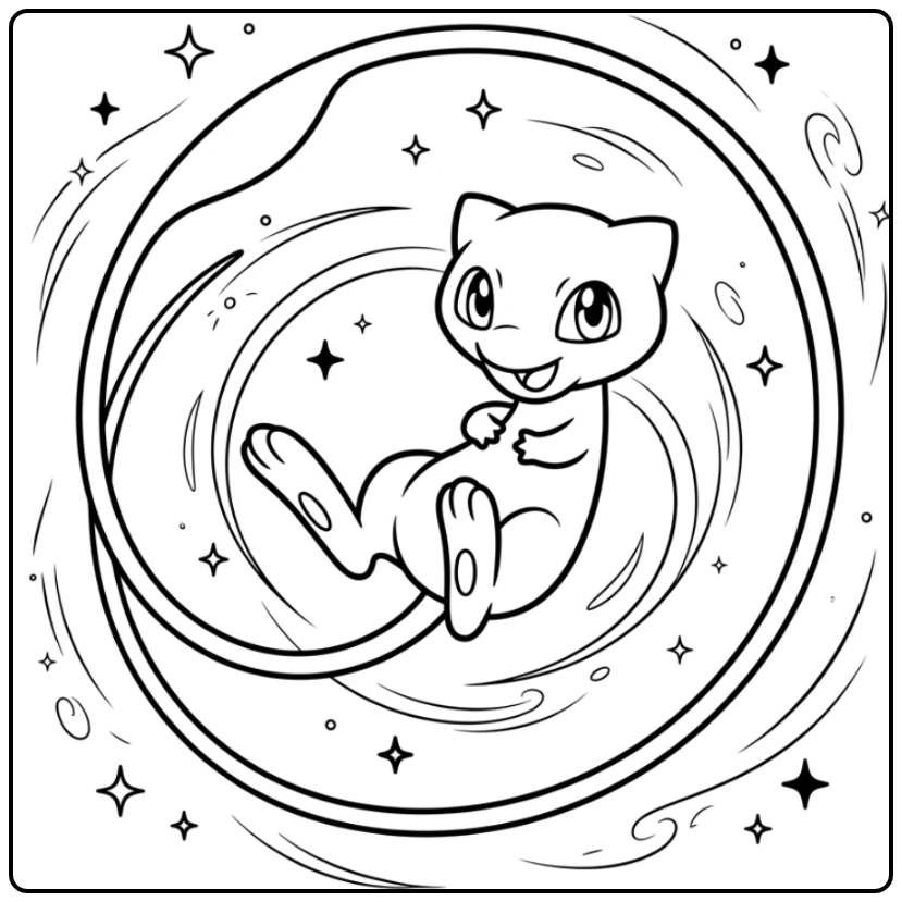 Magical Mew with a Curled Tail and Little Stars coloring page