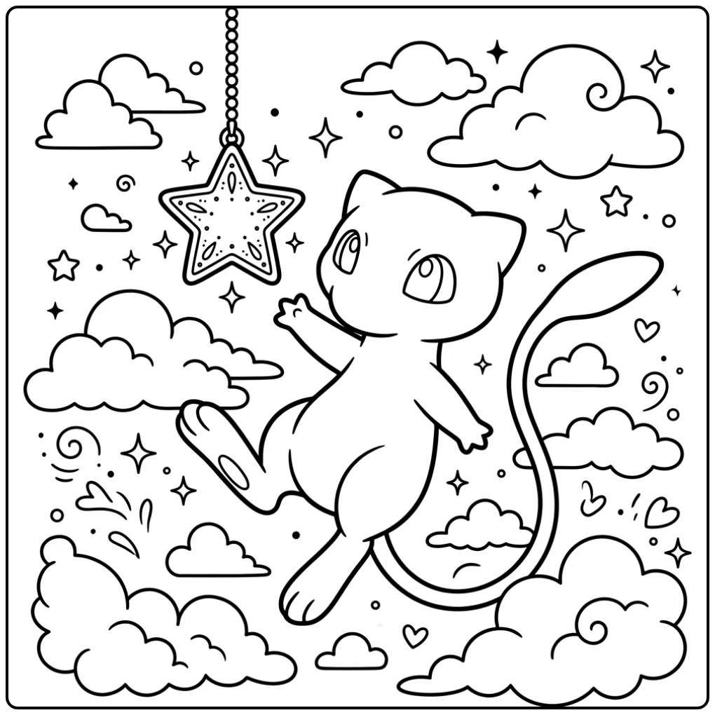 Magical Mew Clouds and a Star coloring page
