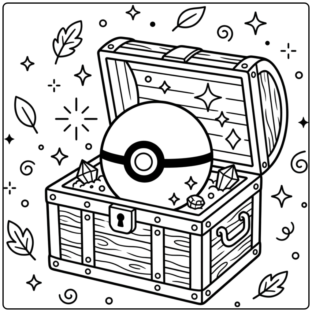Magical Poke Ball in Open Treasure Chest coloring page