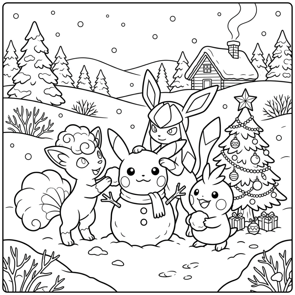 Magical Pokemon Christmas Pikachu Snowman with Friends coloring page