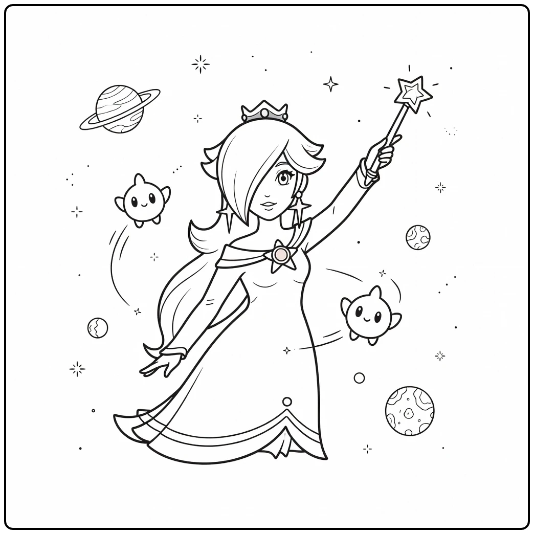 Magical Rosalina with Planets and Stars coloring page