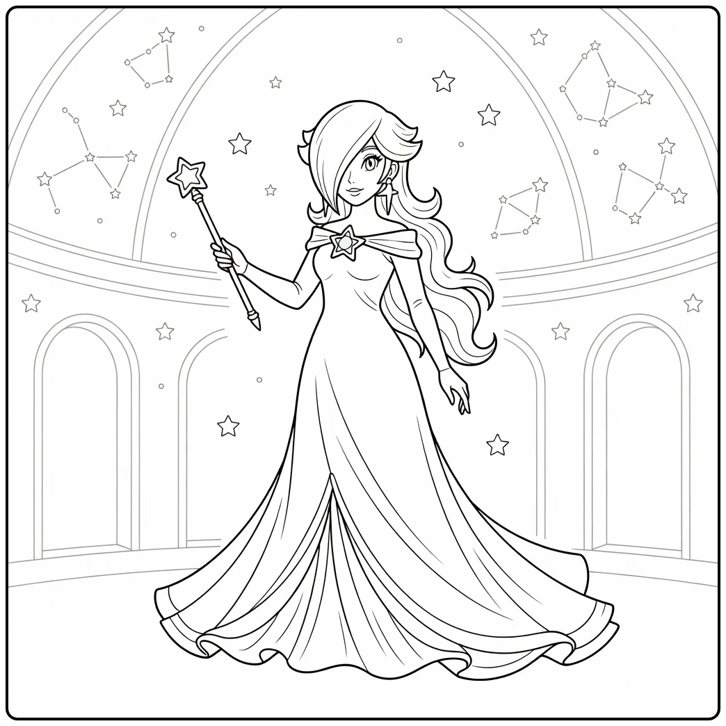 Magical Rosalina with Stars and a Wand coloring page